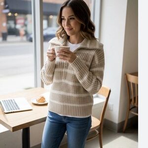 American eagle outfitters stripped cropped half zip sweater